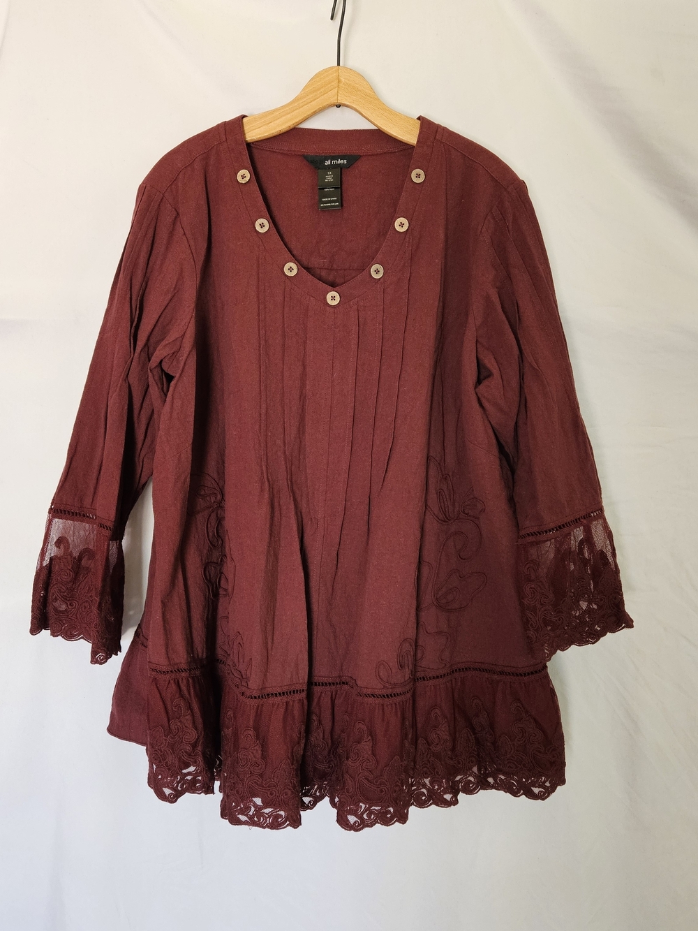 ali miles Tunic Plus Womens 1x Burgundy Lace Embroidered Hippie Lagenlook Festiv